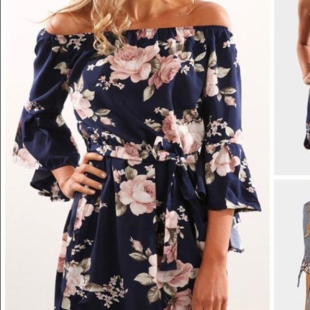 Off the shoulder navy n flower dress w/tie 🌸👗